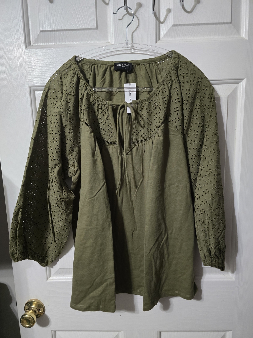 Lane Bryant Olive Eyelet Tie-Neck Tunic
